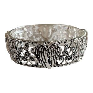 ANTIQUE SILVERTONE 'BELIEVE BLESSED FAITH' WING SCROLL BRACELET